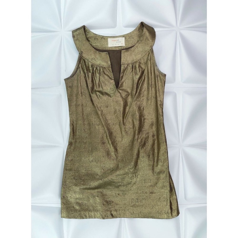 Renee C by So Cool Sz M Metallic Bronze Gold Jacquard Shift Mini Tunic Dress